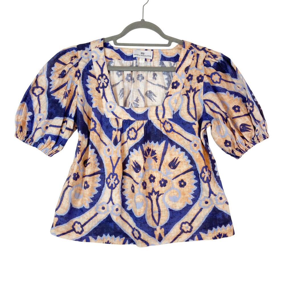 Never A Wallflower Linen Top Women's Sz XS Multicolor‎ Square Neck Ikat